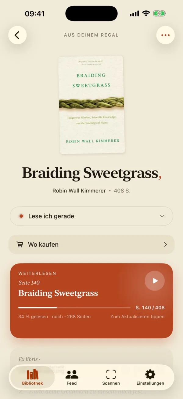 Die Seite eines Buchs: Cover, Lesestatus, wo es zu kaufen ist, und eine Weiterlesen-Karte bei Seite 140 von 408
